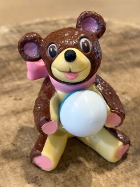 Vintage Brown and Pink Bear Toy Figure with Ball Cake Topper